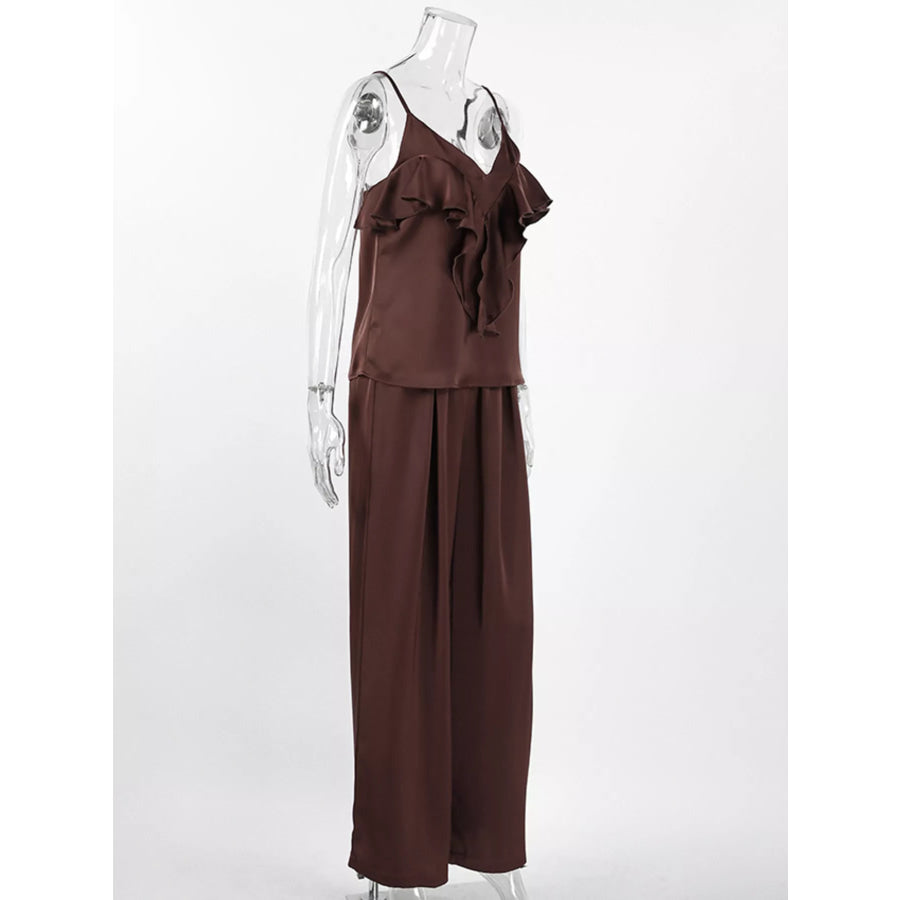 Ruffle V-Neck Cami and Wide-Leg Pants Two-Piece Set Apparel and Accessories