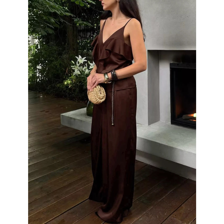 Ruffle V-Neck Cami and Wide-Leg Pants Two-Piece Set Apparel and Accessories