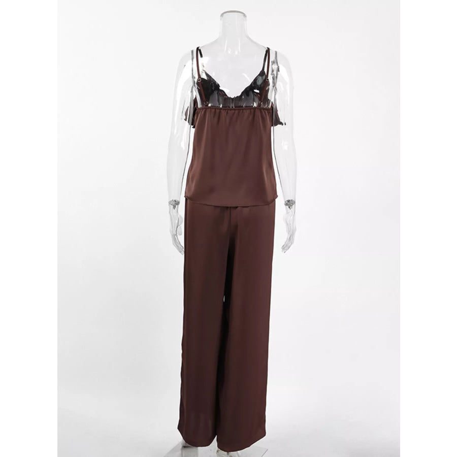 Ruffle V-Neck Cami and Wide-Leg Pants Two-Piece Set Apparel and Accessories