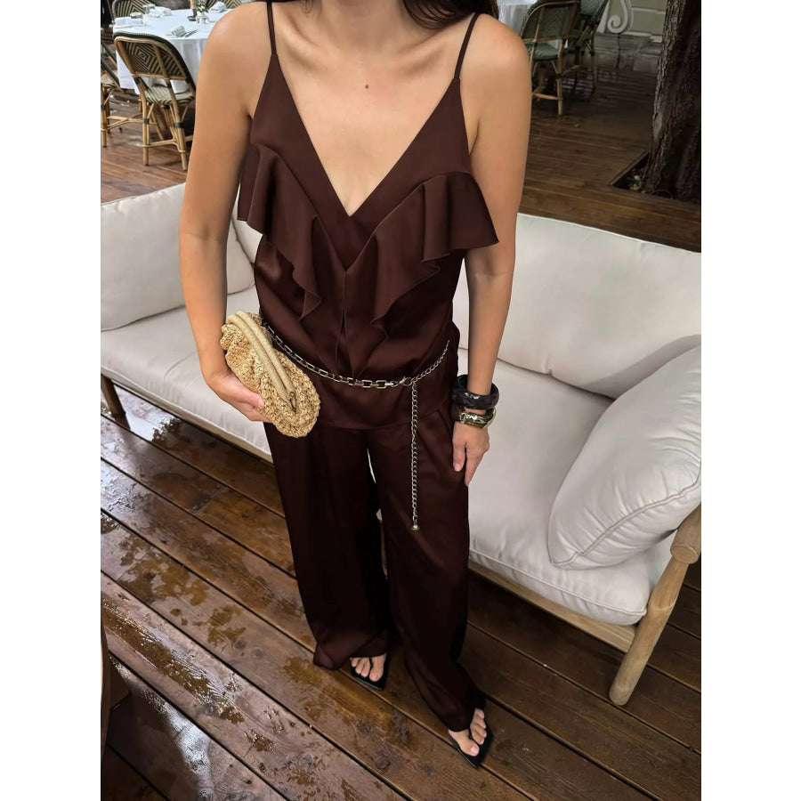 Ruffle V-Neck Cami and Wide-Leg Pants Two-Piece Set Brown / S Apparel and Accessories