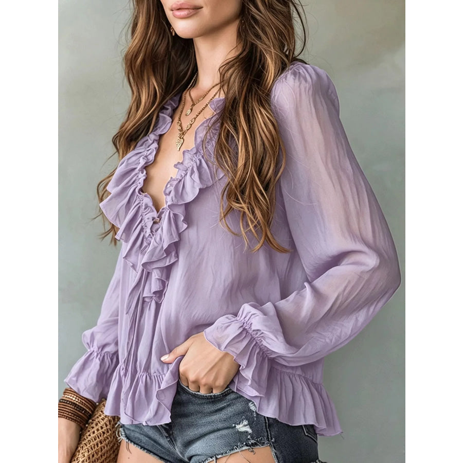 Ruffle V-Neck Long Sleeve Blouse Apparel and Accessories