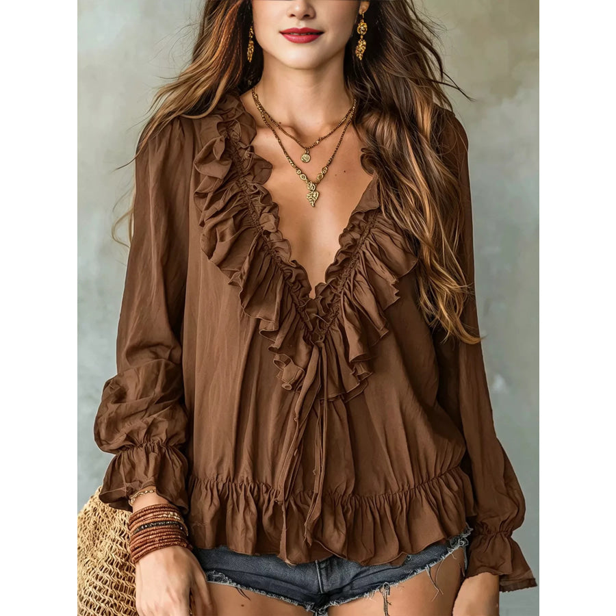 Ruffle V-Neck Long Sleeve Blouse Brown / S Apparel and Accessories