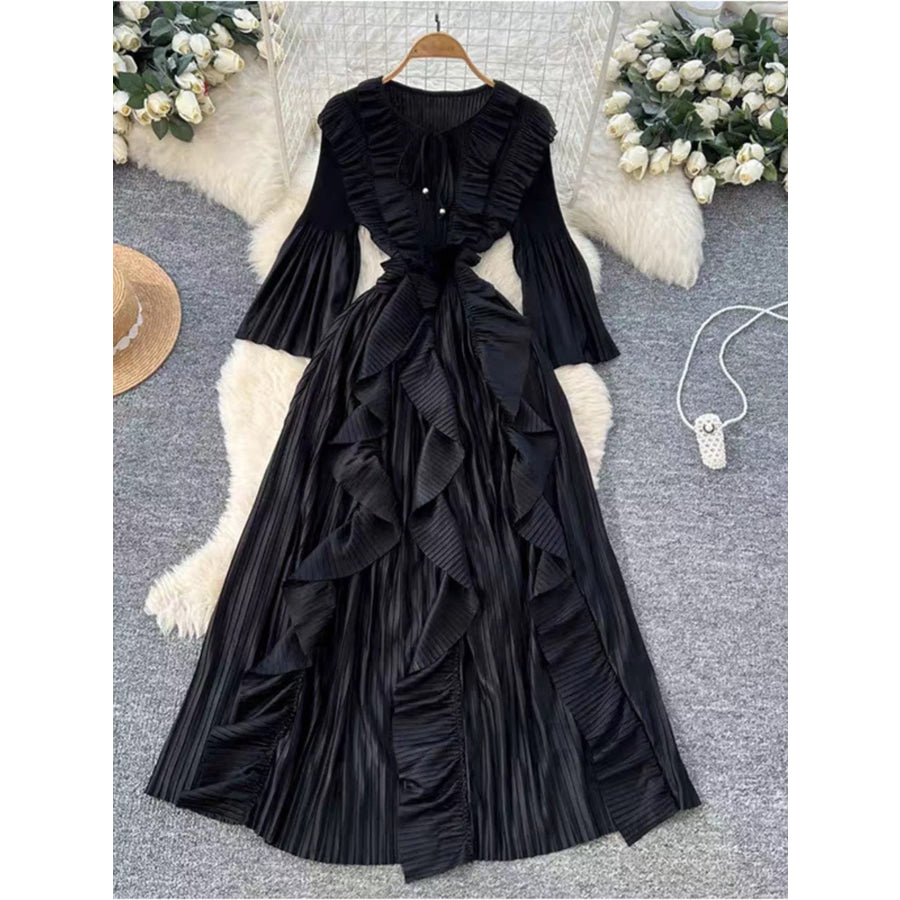 Ruffled A-Line Midi Dress Black / One Size Apparel and Accessories
