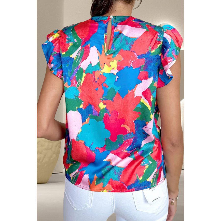 Ruffled Abstract Print Round Neck Cap Sleeve Blouse Sky Blue / S Apparel and Accessories