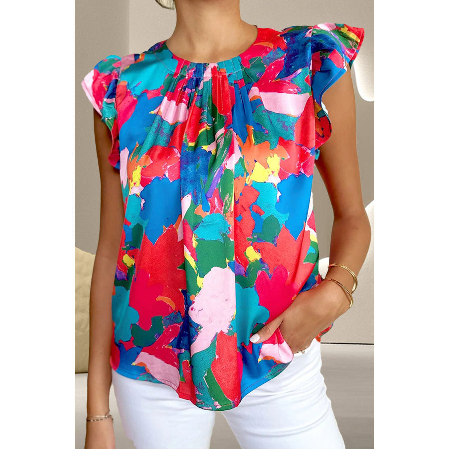 Ruffled Abstract Print Round Neck Cap Sleeve Blouse Sky Blue / S Apparel and Accessories