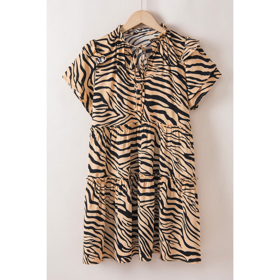 Ruffled Animal Print Tie Neck Mini Dress Apparel and Accessories