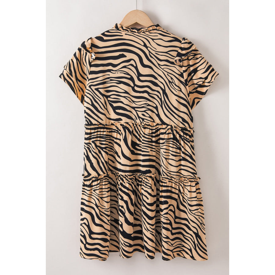 Ruffled Animal Print Tie Neck Mini Dress Apparel and Accessories