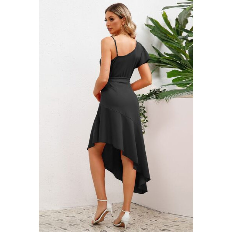 Ruffled Asymmetrical Neck Flutter Sleeve Dress Apparel and Accessories