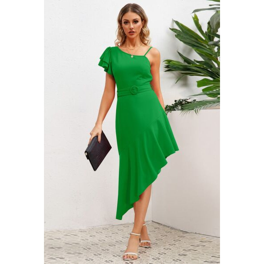 Ruffled Asymmetrical Neck Flutter Sleeve Dress Apparel and Accessories