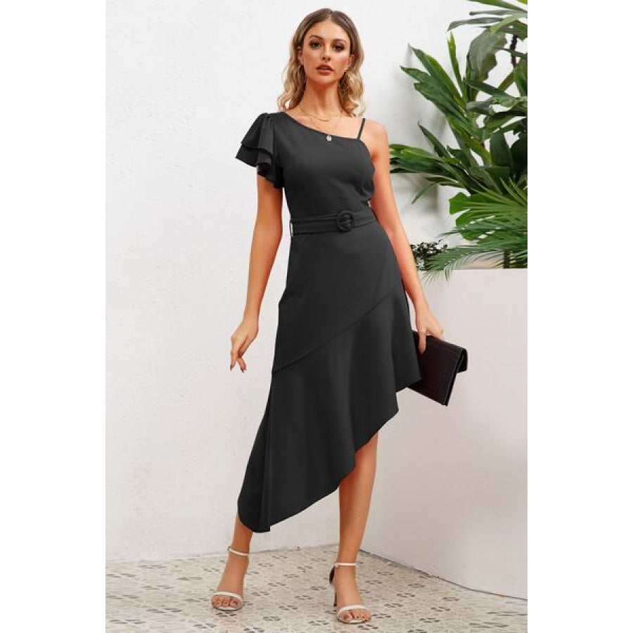 Ruffled Asymmetrical Neck Flutter Sleeve Dress Apparel and Accessories