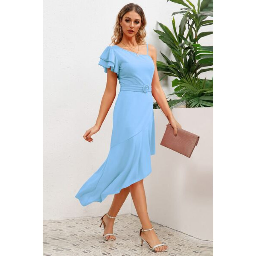 Ruffled Asymmetrical Neck Flutter Sleeve Dress Apparel and Accessories