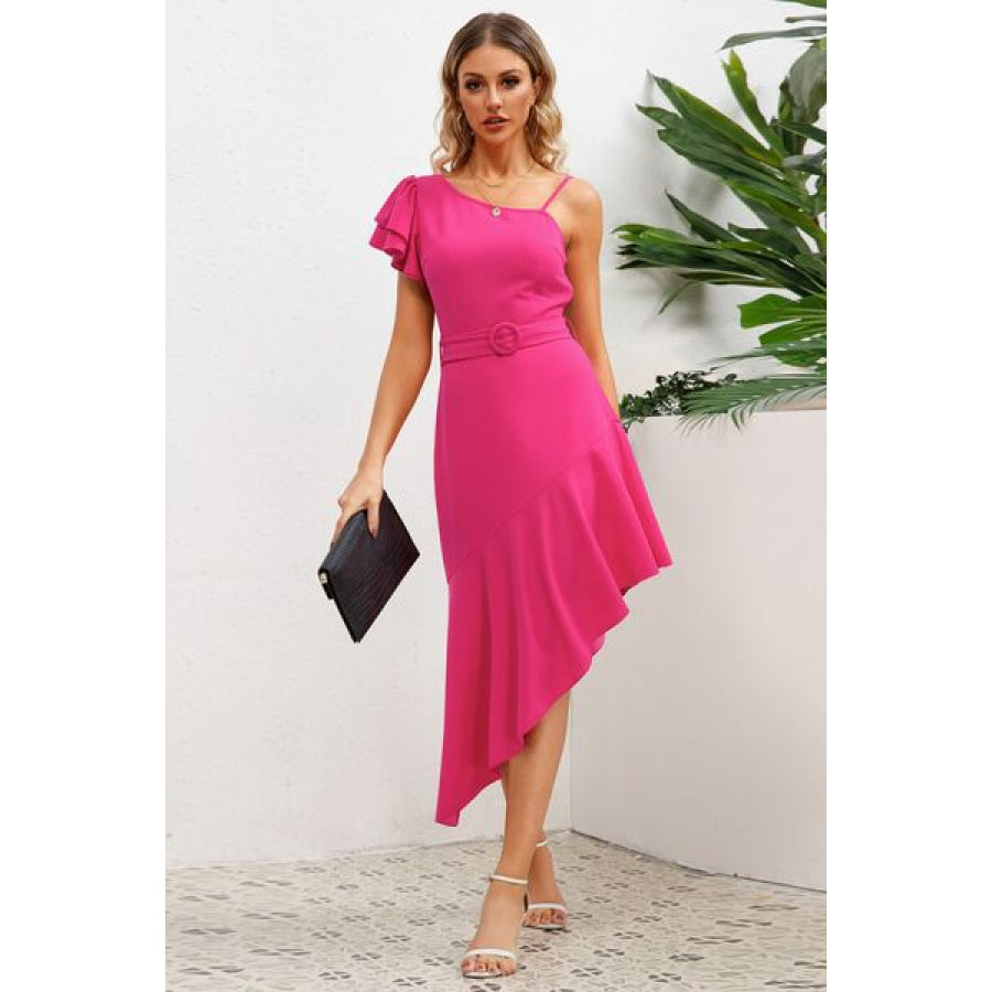 Ruffled Asymmetrical Neck Flutter Sleeve Dress Apparel and Accessories