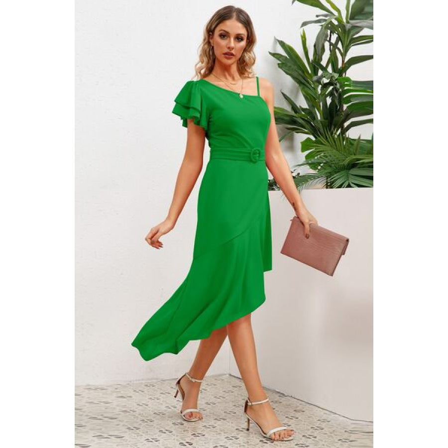 Ruffled Asymmetrical Neck Flutter Sleeve Dress Apparel and Accessories