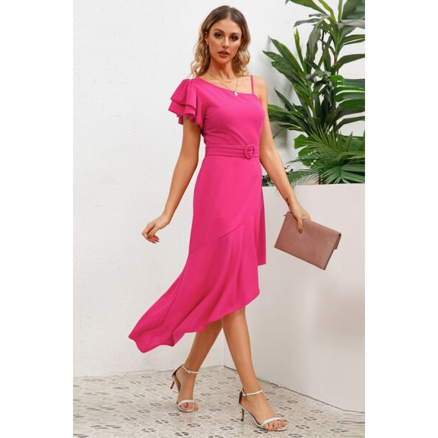 Ruffled Asymmetrical Neck Flutter Sleeve Dress Apparel and Accessories