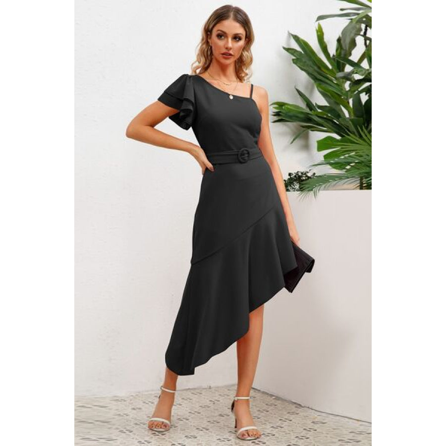 Ruffled Asymmetrical Neck Flutter Sleeve Dress Black / S Apparel and Accessories