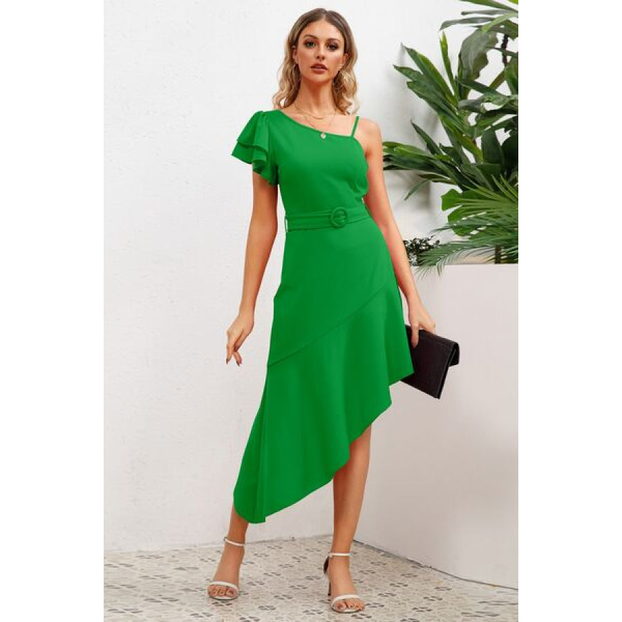 Ruffled Asymmetrical Neck Flutter Sleeve Dress Mid Green / S Apparel and Accessories