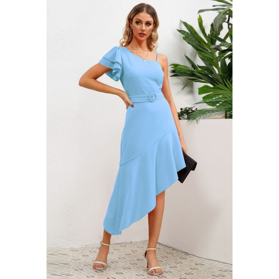 Ruffled Asymmetrical Neck Flutter Sleeve Dress Pastel Blue / S Apparel and Accessories