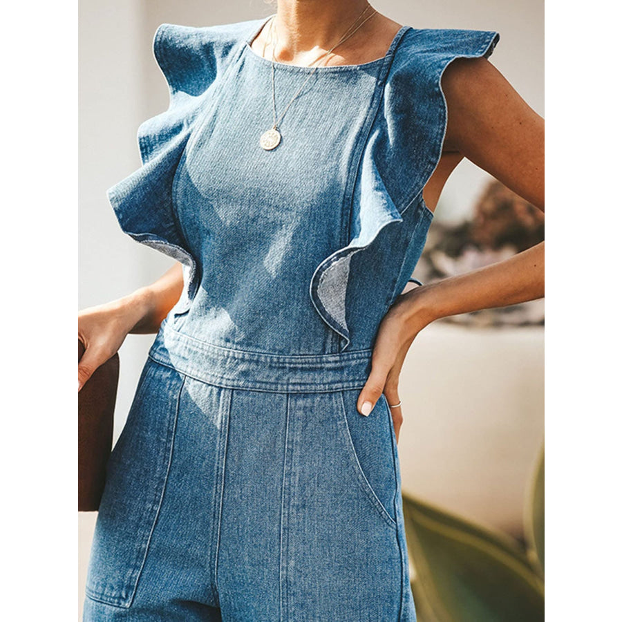 Ruffled Backless Sleeveless Denim Jumpsuit Apparel and Accessories