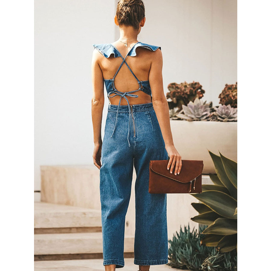 Ruffled Backless Sleeveless Denim Jumpsuit Apparel and Accessories