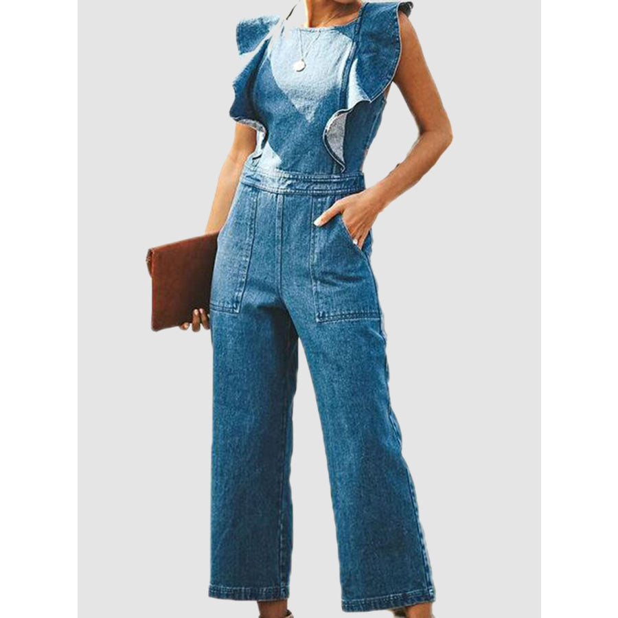 Ruffled Backless Sleeveless Denim Jumpsuit Medium / S Apparel and Accessories