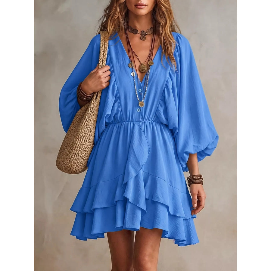 Ruffled Balloon Sleeve Mini Dress Blue / S Apparel and Accessories
