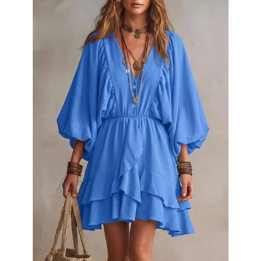 Ruffled Balloon Sleeve Mini Dress Blue / S Apparel and Accessories