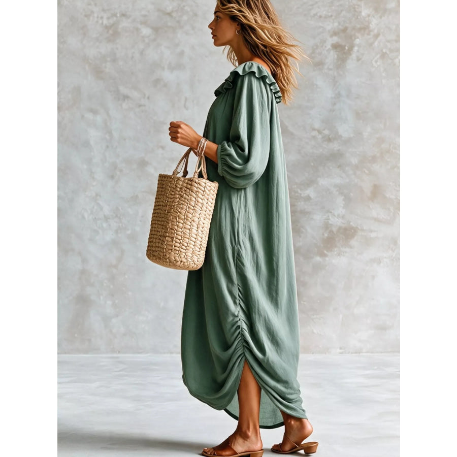 Ruffled Boat Neck Ruched Midi Dress Apparel and Accessories