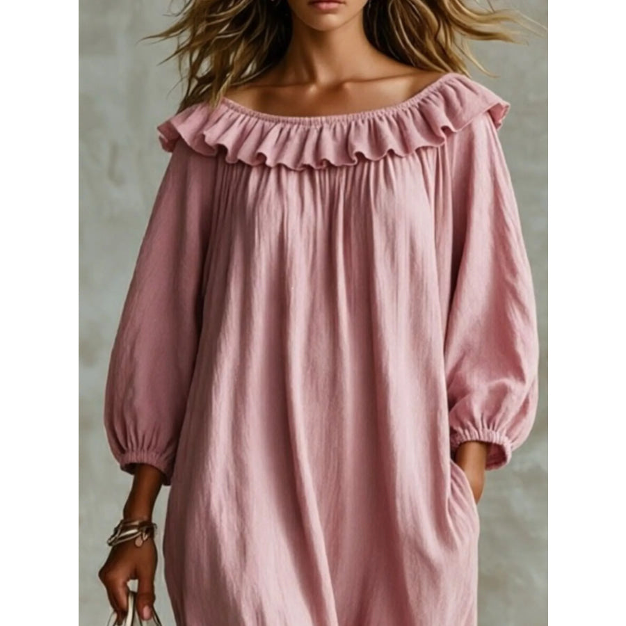 Ruffled Boat Neck Ruched Midi Dress Apparel and Accessories