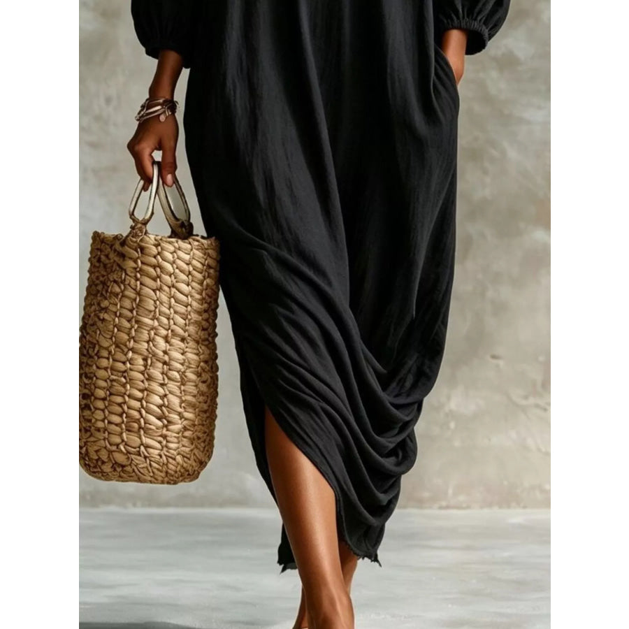 Ruffled Boat Neck Ruched Midi Dress Apparel and Accessories