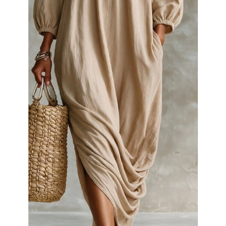 Ruffled Boat Neck Ruched Midi Dress Apparel and Accessories