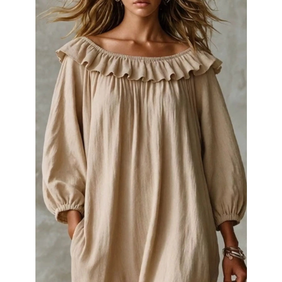 Ruffled Boat Neck Ruched Midi Dress Apparel and Accessories