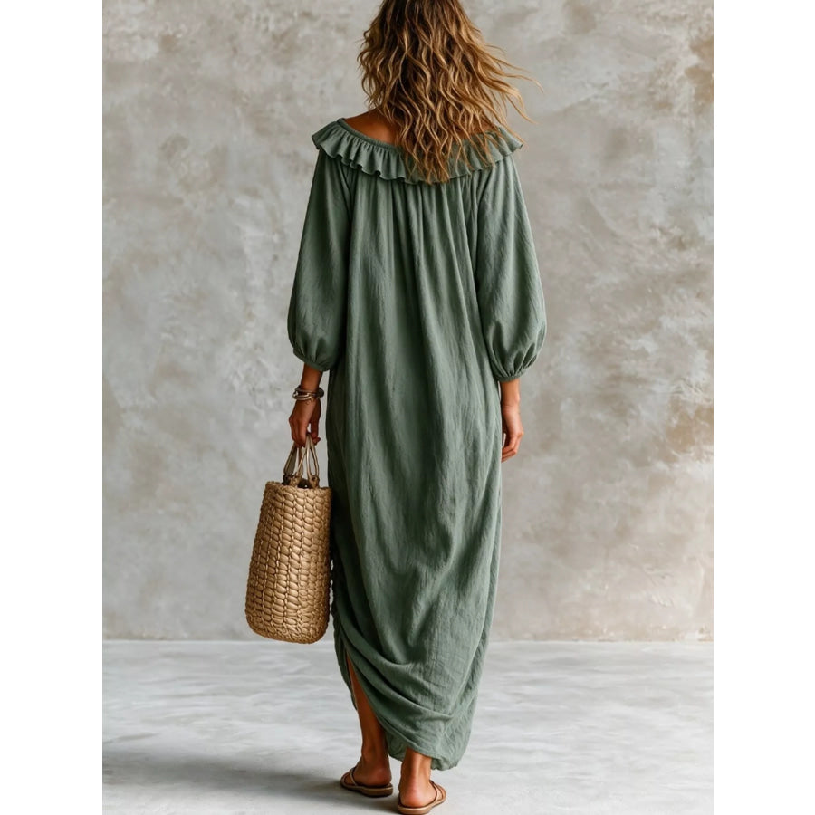 Ruffled Boat Neck Ruched Midi Dress Apparel and Accessories