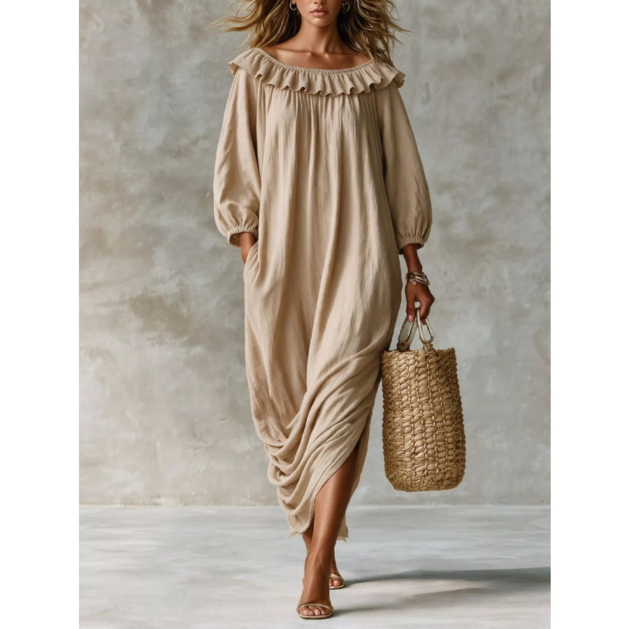 Ruffled Boat Neck Ruched Midi Dress Beige / S Apparel and Accessories