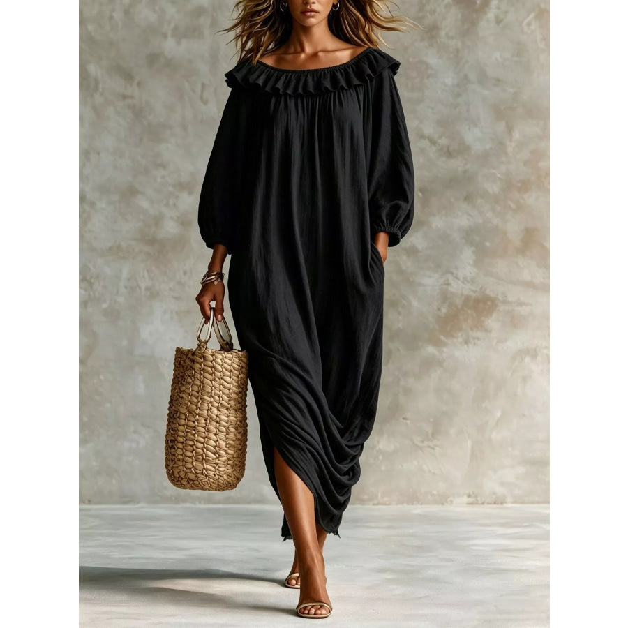 Ruffled Boat Neck Ruched Midi Dress Black / S Apparel and Accessories