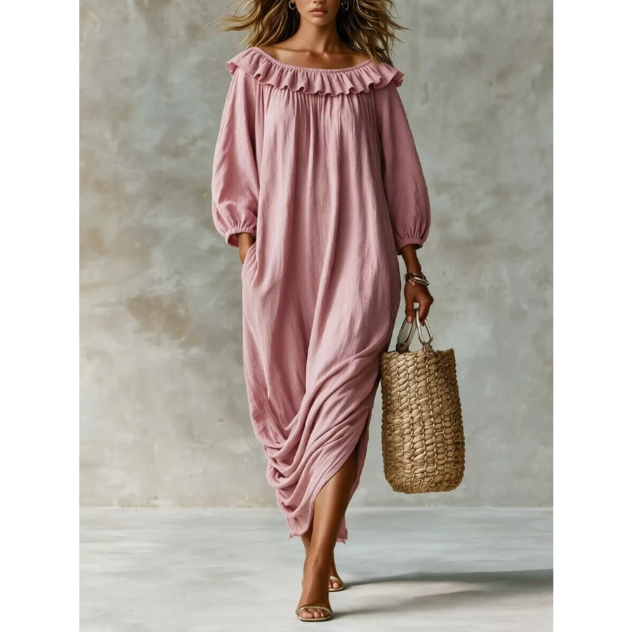 Ruffled Boat Neck Ruched Midi Dress Dusty Pink / S Apparel and Accessories