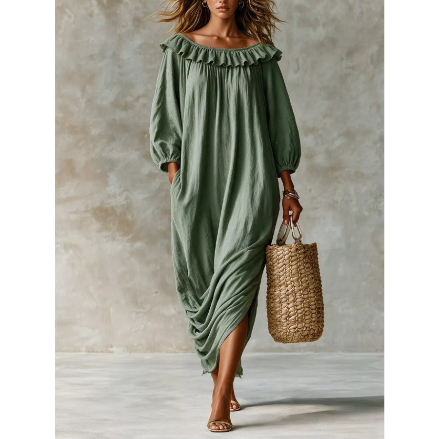 Ruffled Boat Neck Ruched Midi Dress Sage / S Apparel and Accessories