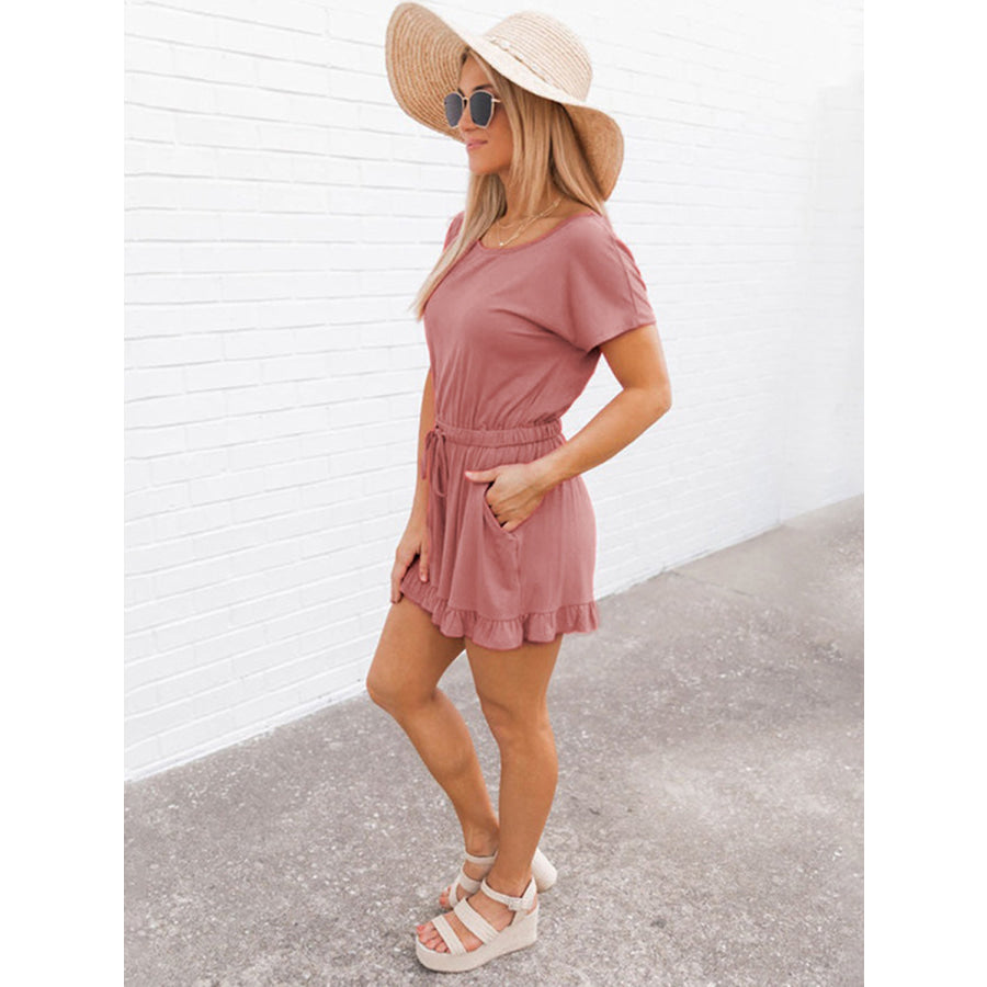 Ruffled Boat Neck Short Sleeve Romper Apparel and Accessories