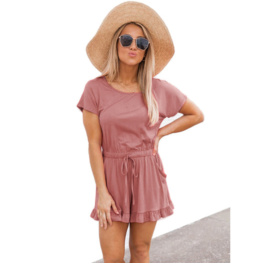 Ruffled Boat Neck Short Sleeve Romper Apparel and Accessories