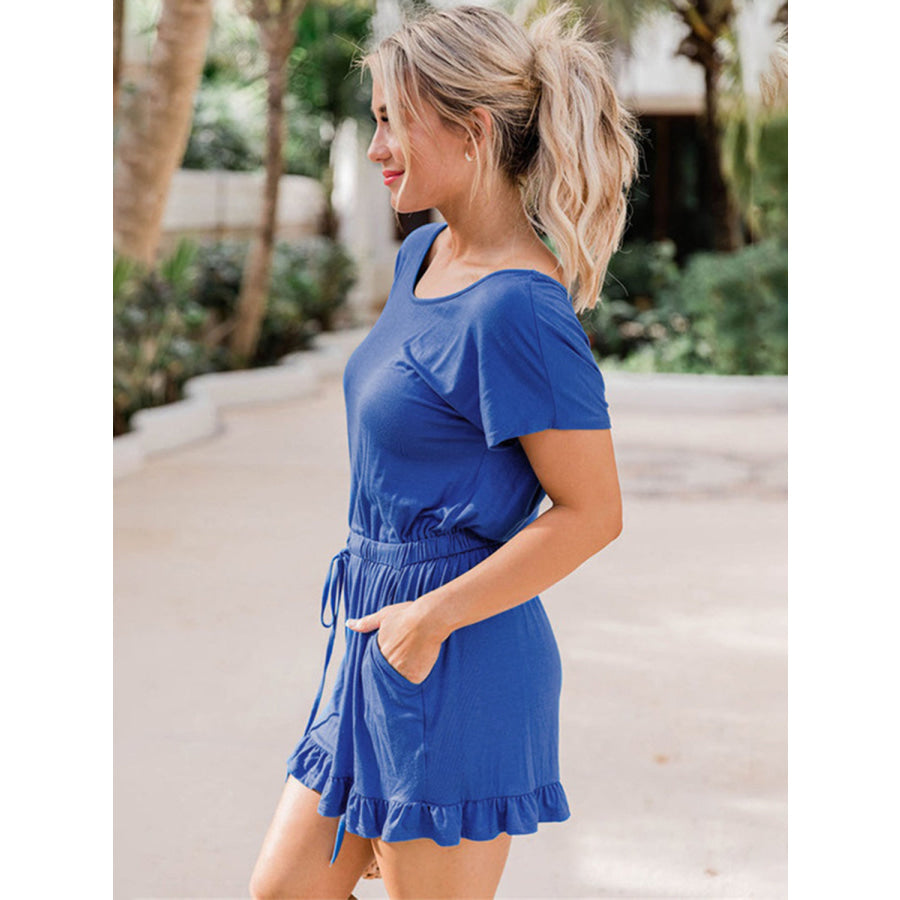 Ruffled Boat Neck Short Sleeve Romper Royal Blue / S Apparel and Accessories