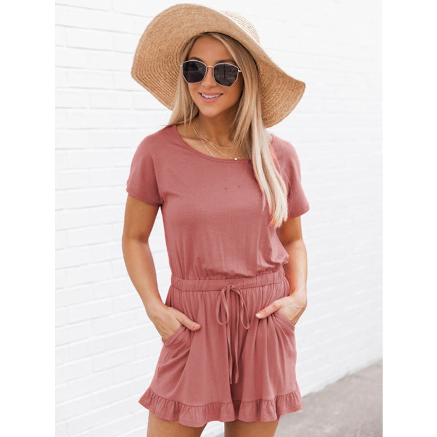 Ruffled Boat Neck Short Sleeve Romper Apparel and Accessories