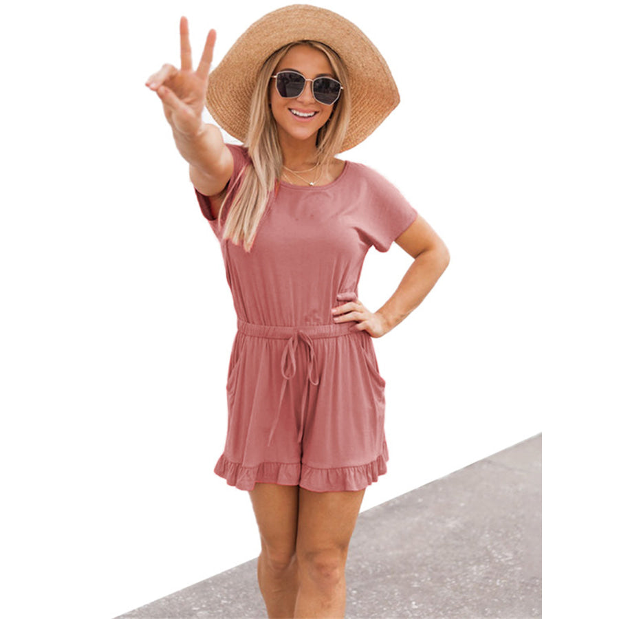 Ruffled Boat Neck Short Sleeve Romper Dusty Pink / S Apparel and Accessories