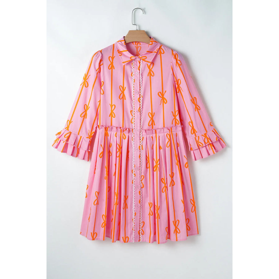 Ruffled Bow Printed Three-Quarter Sleeve Shirt Dress Apparel and Accessories