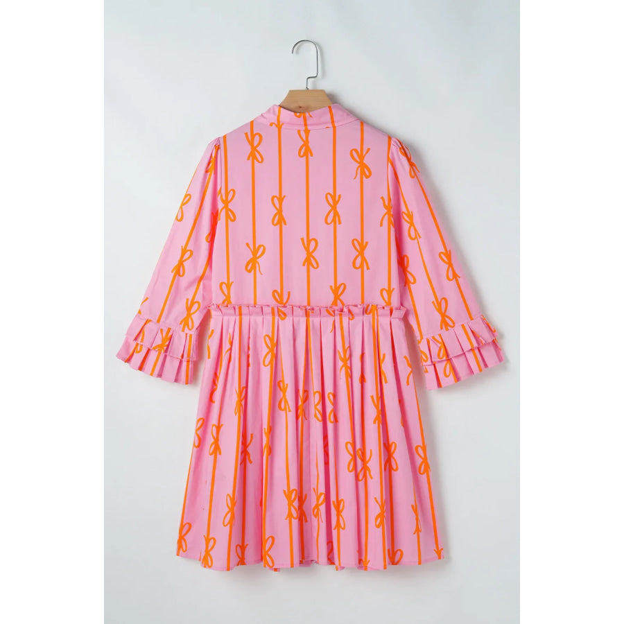 Ruffled Bow Printed Three-Quarter Sleeve Shirt Dress Apparel and Accessories