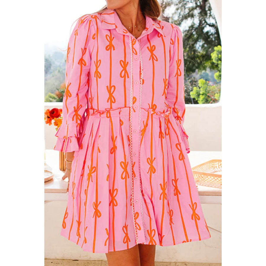 Ruffled Bow Printed Three-Quarter Sleeve Shirt Dress Pink / S Apparel and Accessories