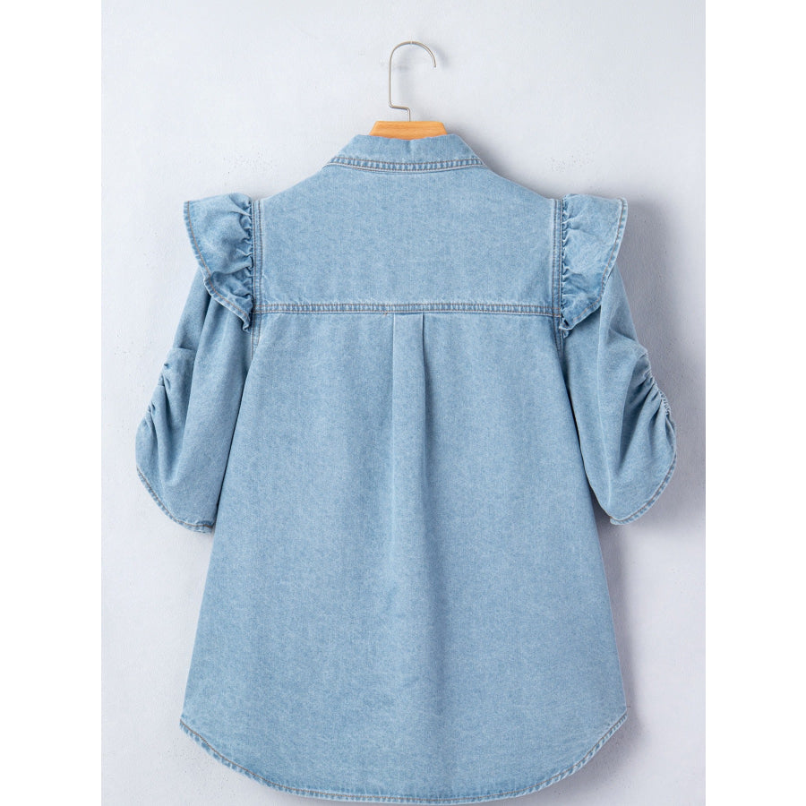 Ruffled Button-Down Denim Shirt Apparel and Accessories