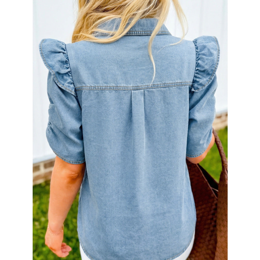 Ruffled Button-Down Denim Shirt Apparel and Accessories
