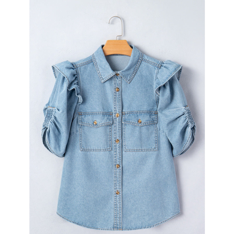 Ruffled Button-Down Denim Shirt Apparel and Accessories