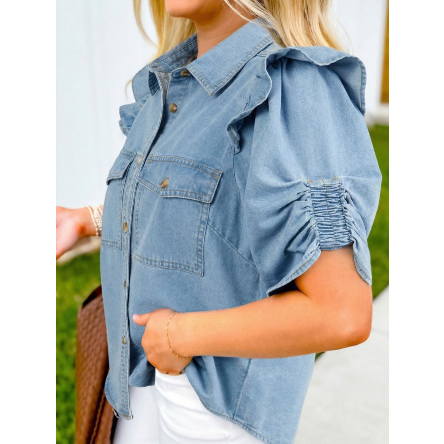 Ruffled Button-Down Denim Shirt Apparel and Accessories