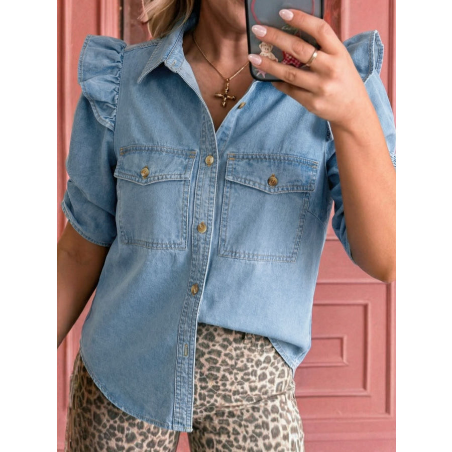 Ruffled Button-Down Denim Shirt Light Blue / S Apparel and Accessories