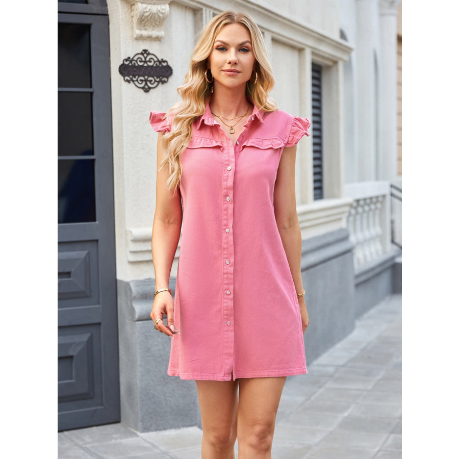 Ruffled Button Up Cap Sleeve Denim Dress Apparel and Accessories